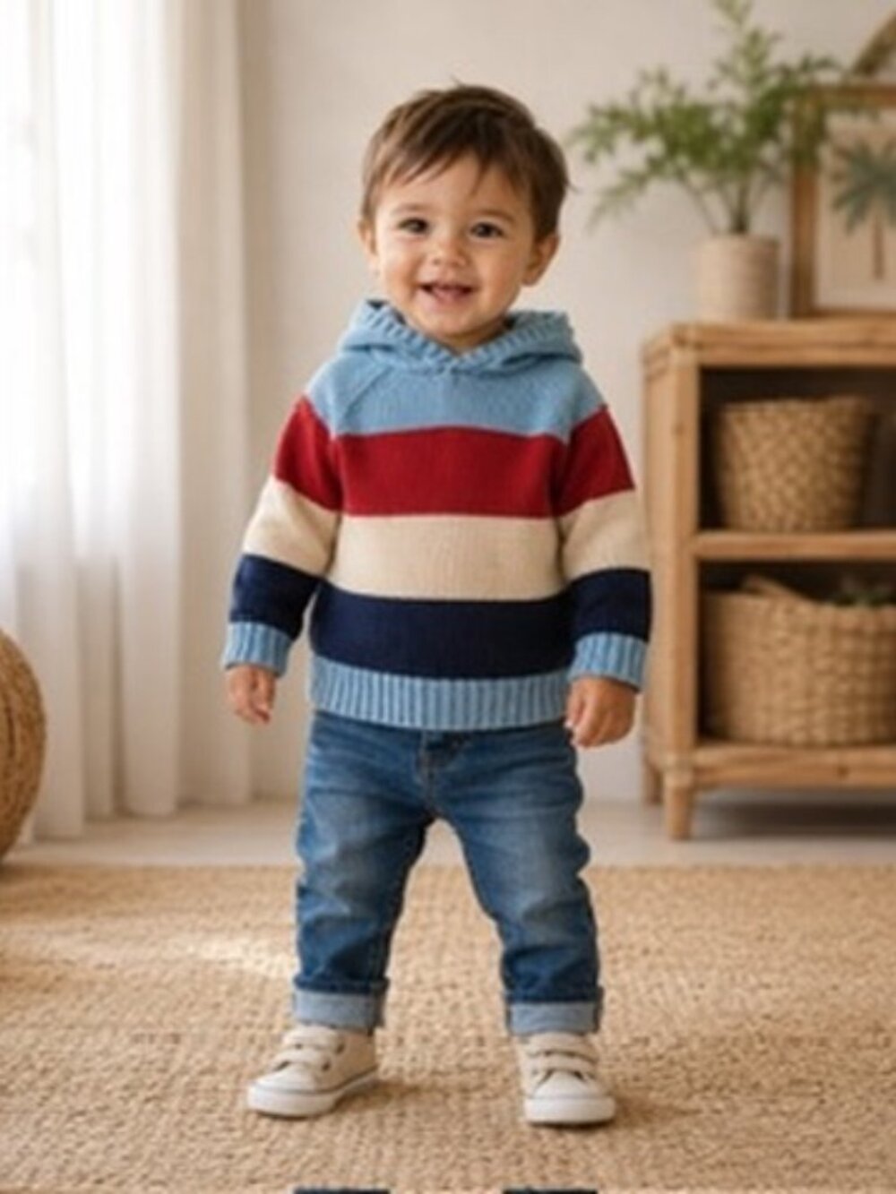 Stitch & Stone Toddler Hooded Color Block Knit Sweater Size 2T Blue Burgundy